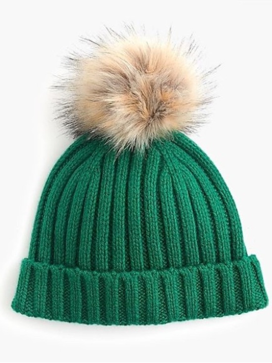 J. Crew Accessories - J.Crew | Green Ribbed Beanie Hat with Faux Fur Pom Pom | One Size